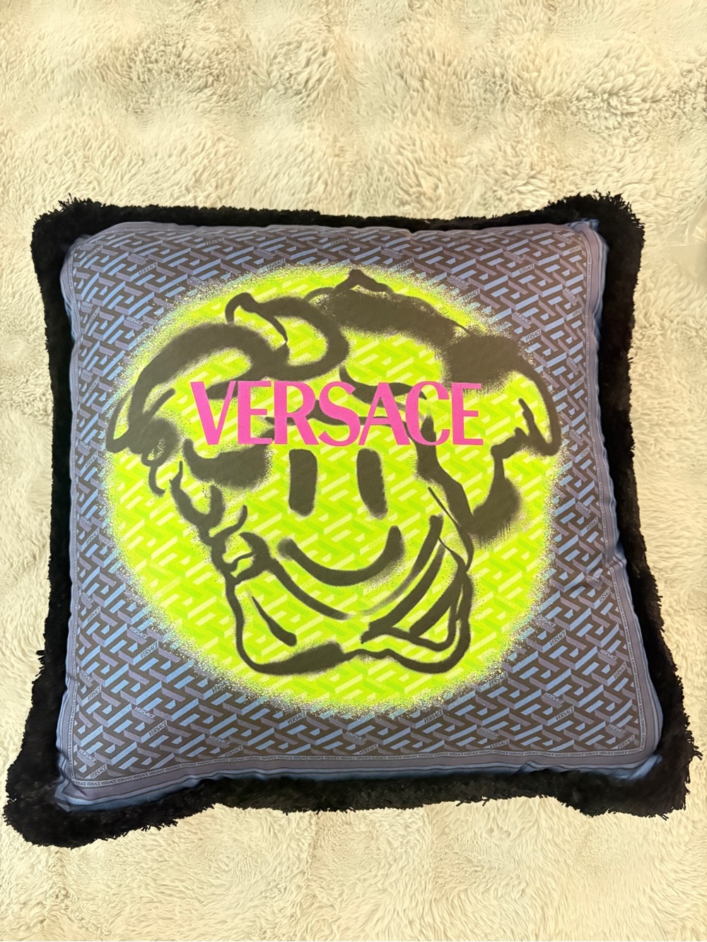 Versace Gray Pillow with Neon Lime Smiley and Pink Logo